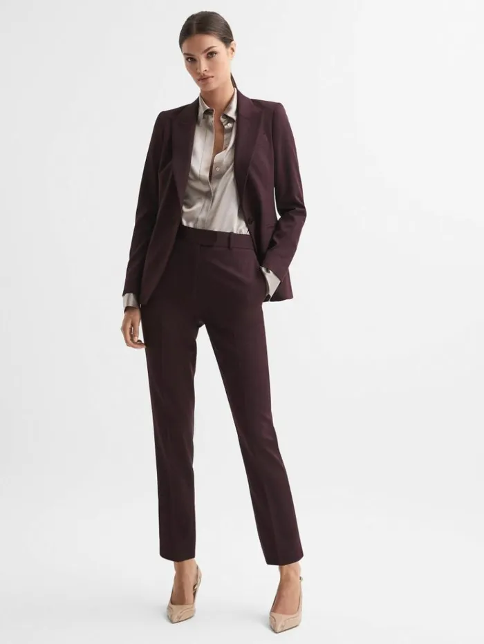 REISS Pants Women Slim Fit Wool Blend Mid Rise Suit Trousers Berry
