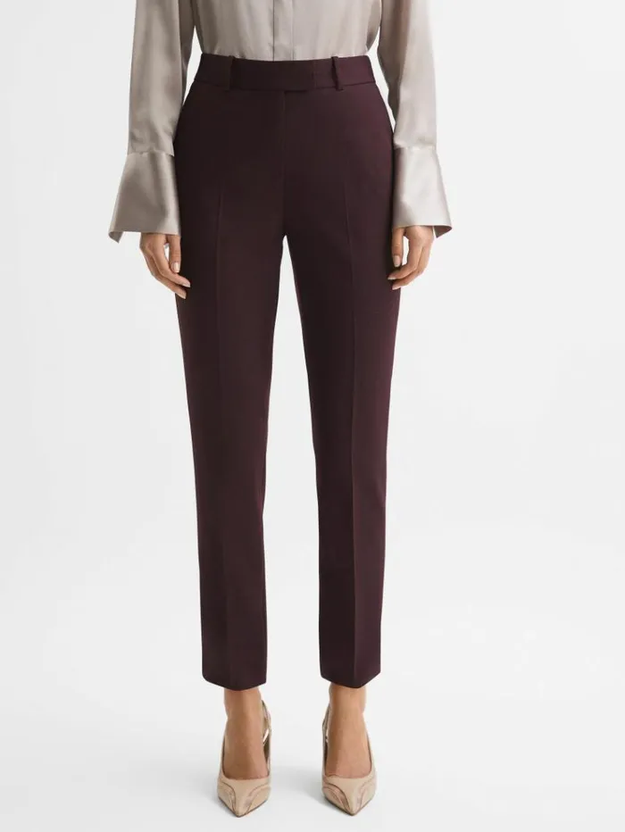 REISS Pants Women Slim Fit Wool Blend Mid Rise Suit Trousers Berry