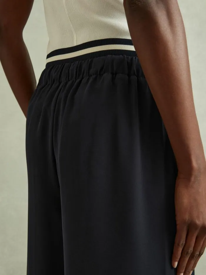 REISS Pants Women Waistband Detail Wide Leg Trousers Navy
