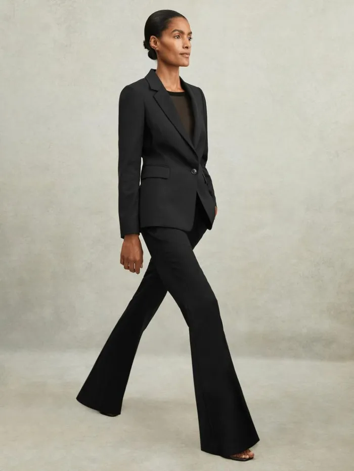 REISS Pants Women WoolBlend Tailored Flared Suit Trousers Black