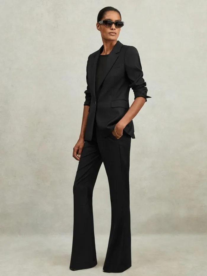 REISS Pants Women WoolBlend Tailored Flared Suit Trousers Black