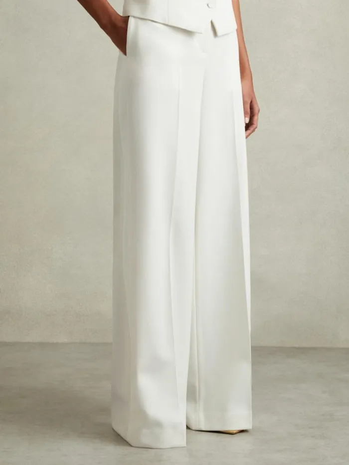 REISS Pants Women Wool Blend Wide Leg Tux Trousers White