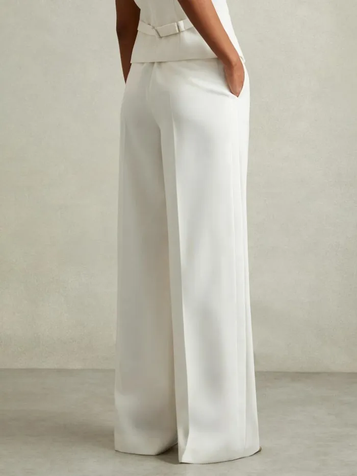 REISS Pants Women Wool Blend Wide Leg Tux Trousers White