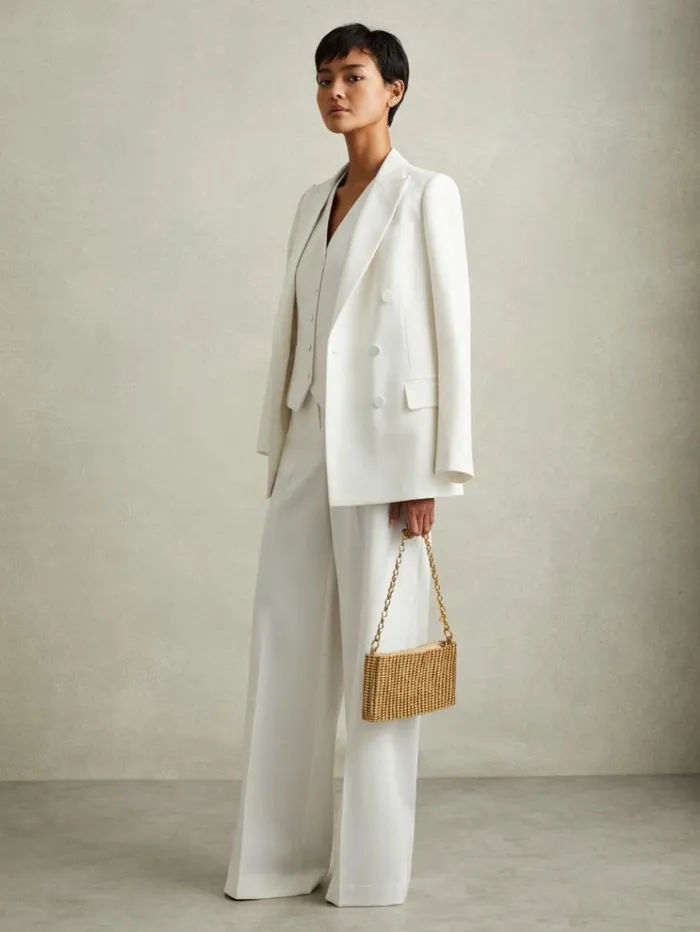 REISS Pants Women Wool Blend Wide Leg Tux Trousers White