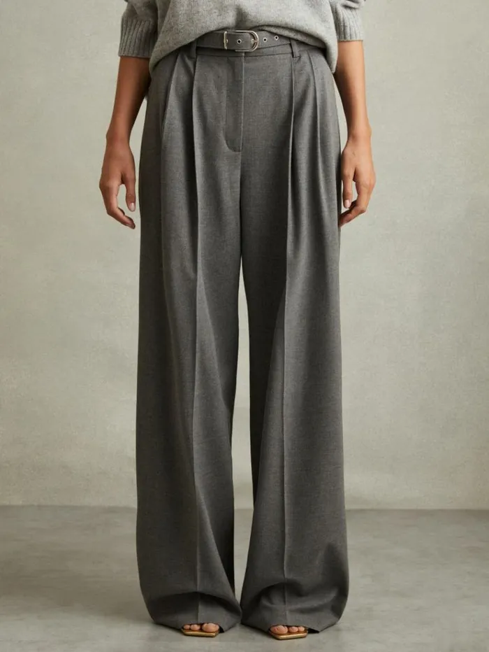 REISS Petite Women Belted Wide Leg Trousers Grey