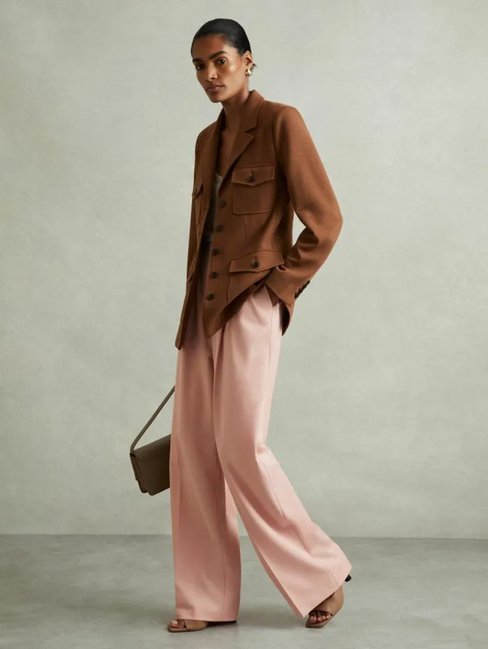 REISS Petite Women Double Pleat Wide Leg Trousers Pink