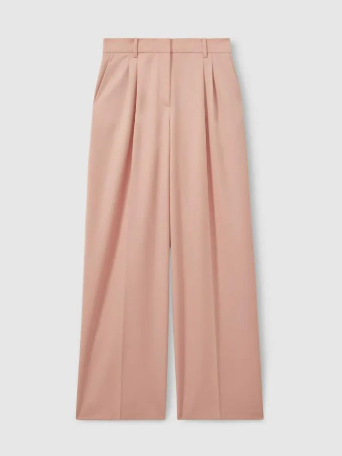 REISS Petite Women Double Pleat Wide Leg Trousers Pink