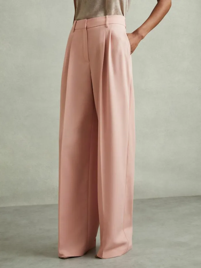 REISS Petite Women Double Pleat Wide Leg Trousers Pink