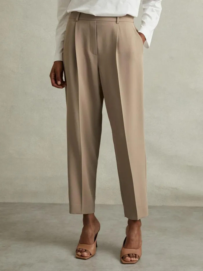 REISS Petite Women Front Pleat Tapered Trousers Mink Neutral