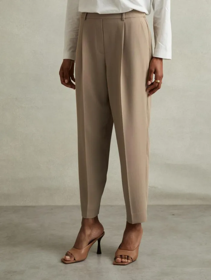 REISS Petite Women Front Pleat Tapered Trousers Mink Neutral