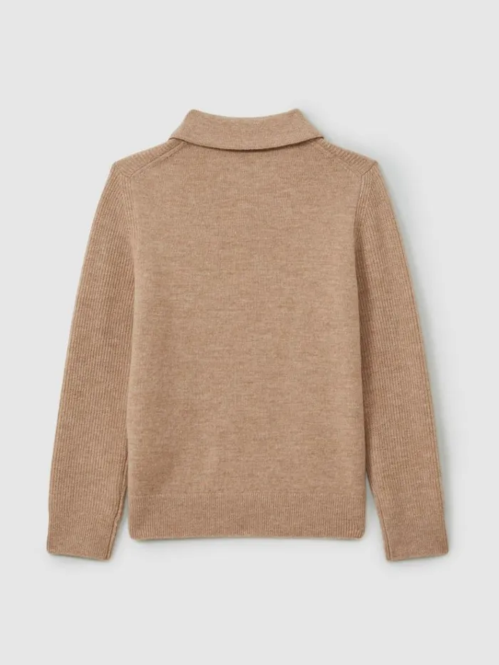 REISS Polo Shirts Children Merino Wool HalfZip Polo Shirt Soft Camel Brown