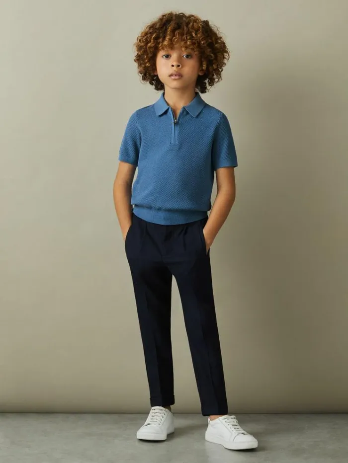 REISS Polo Shirts Children Textured Half Zip Neck Polo Shirt Blue
