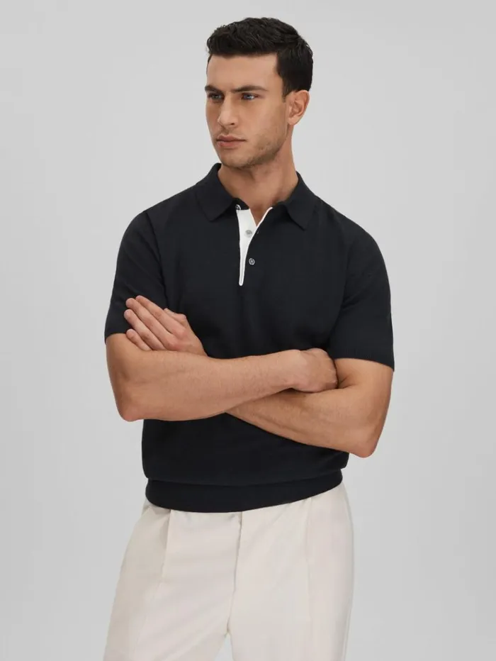 REISS Polo Shirts Men Cotton Blend Contrast Polo Shirt Navy