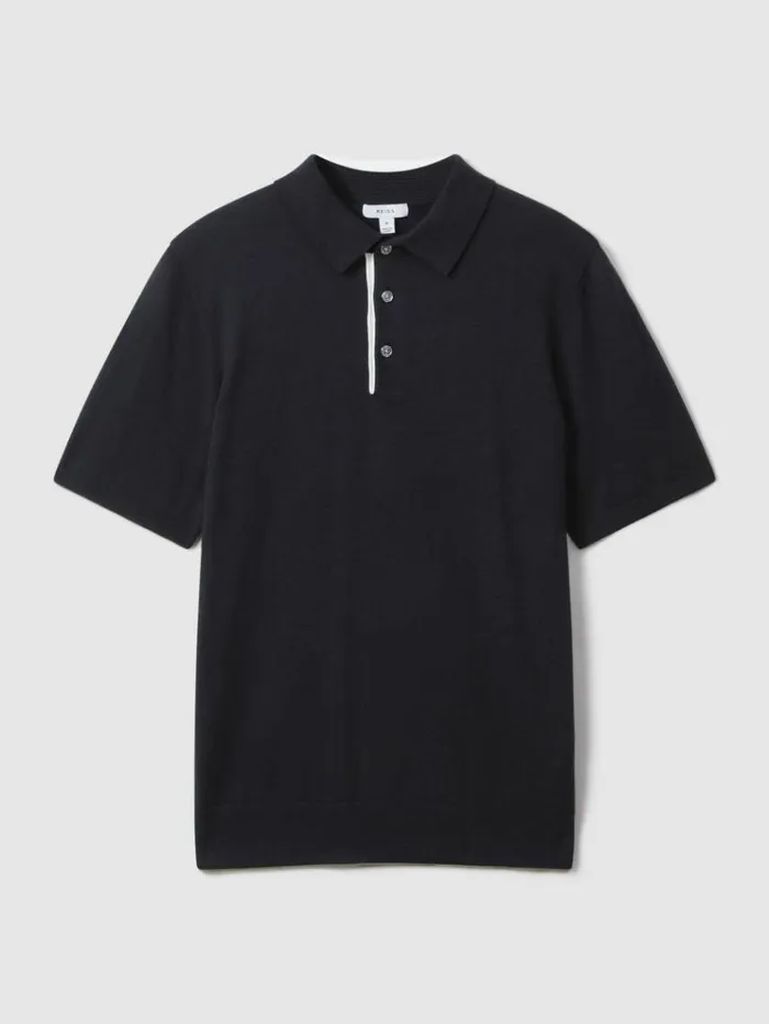 REISS Polo Shirts Men Cotton Blend Contrast Polo Shirt Navy