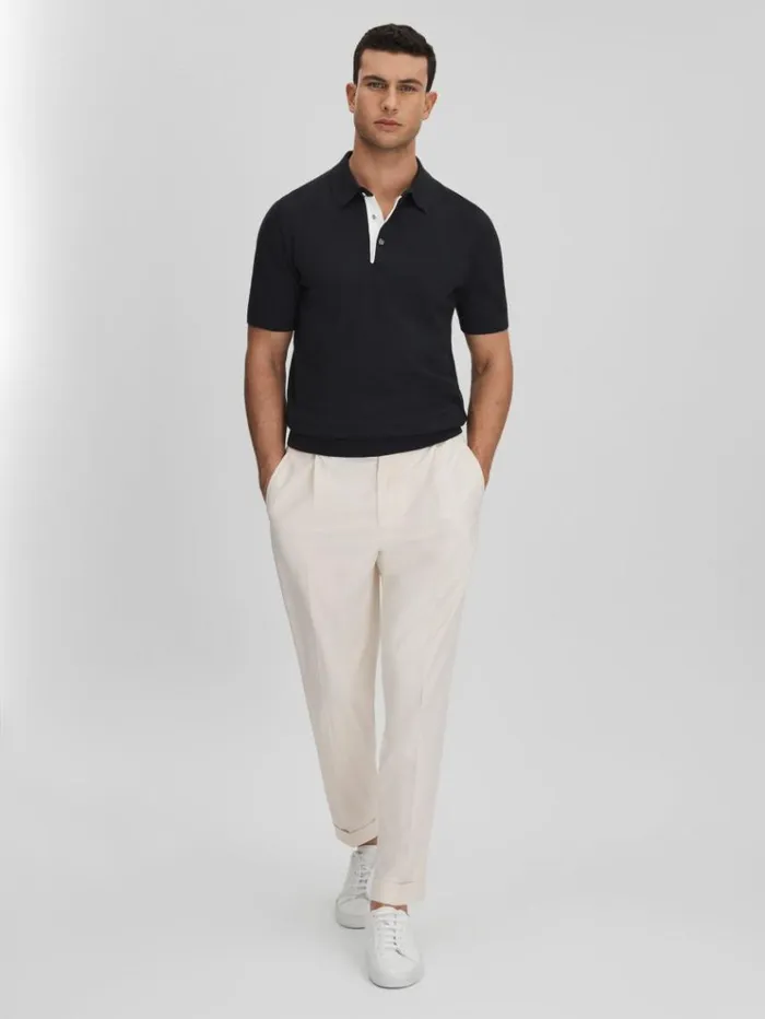 REISS Polo Shirts Men Cotton Blend Contrast Polo Shirt Navy