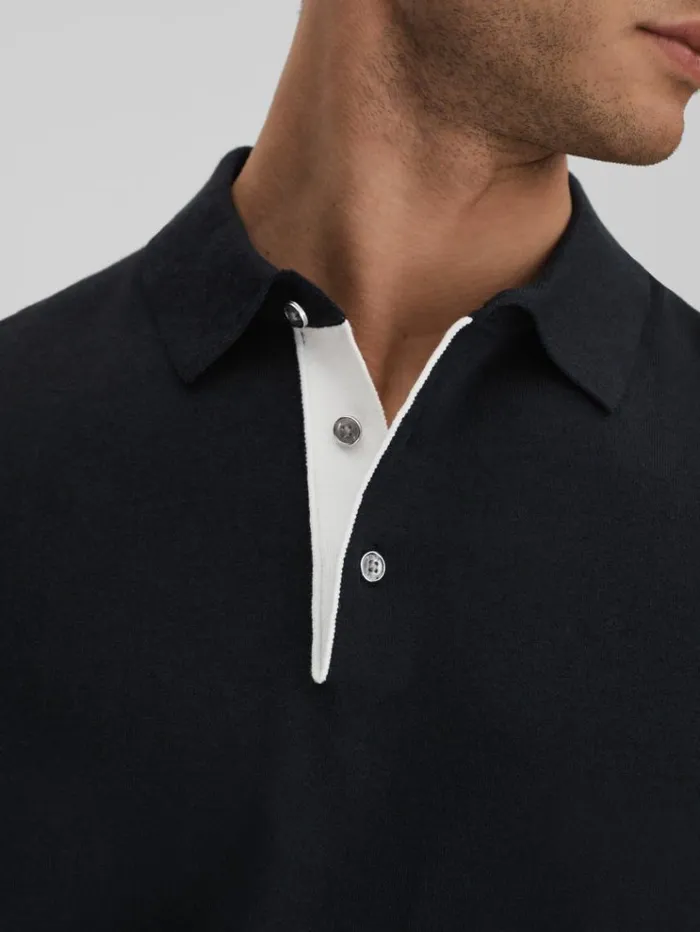 REISS Polo Shirts Men Cotton Blend Contrast Polo Shirt Navy