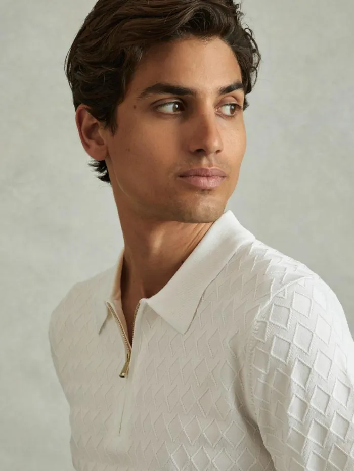 REISS Polo Shirts Men HalfZip Knitted Polo Shirt White
