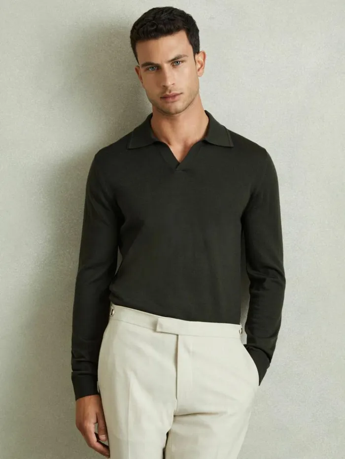 REISS Polo Shirts Men Merino Wool Open Collar Polo Shirt Dark Military Green