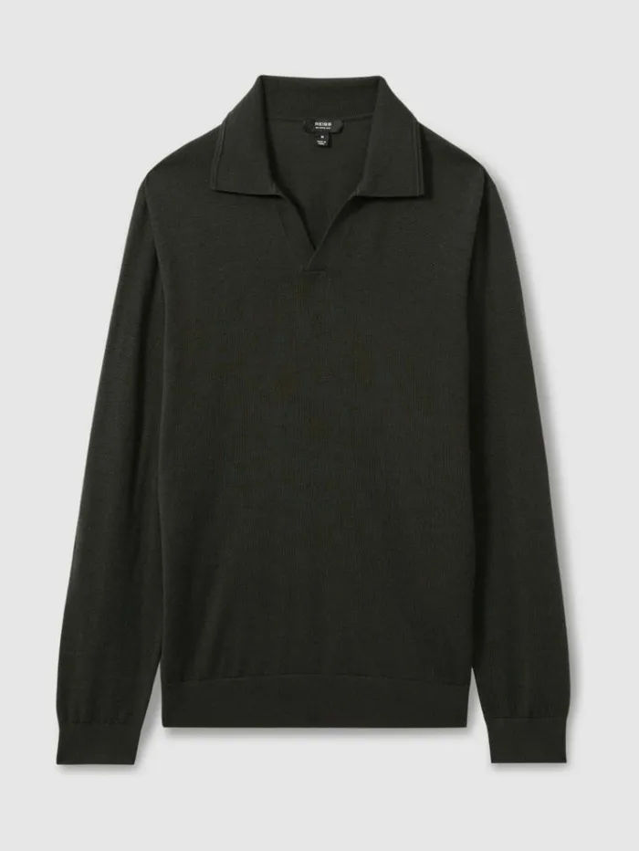 REISS Polo Shirts Men Merino Wool Open Collar Polo Shirt Dark Military Green