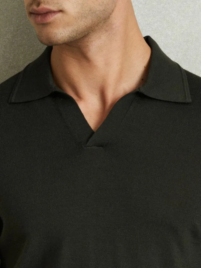 REISS Polo Shirts Men Merino Wool Open Collar Polo Shirt Dark Military Green