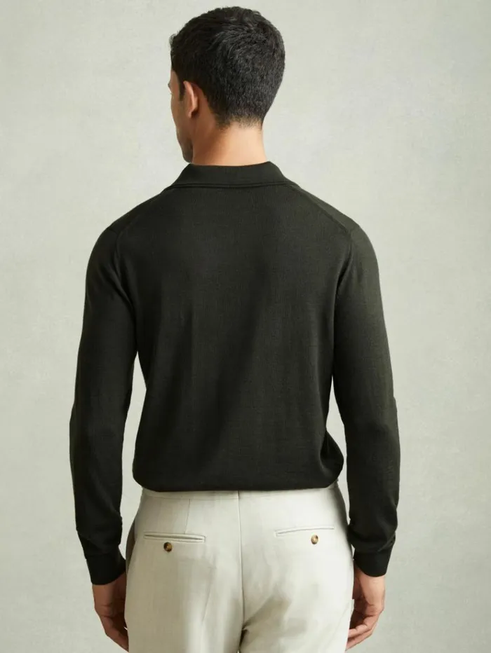 REISS Polo Shirts Men Merino Wool Open Collar Polo Shirt Dark Military Green
