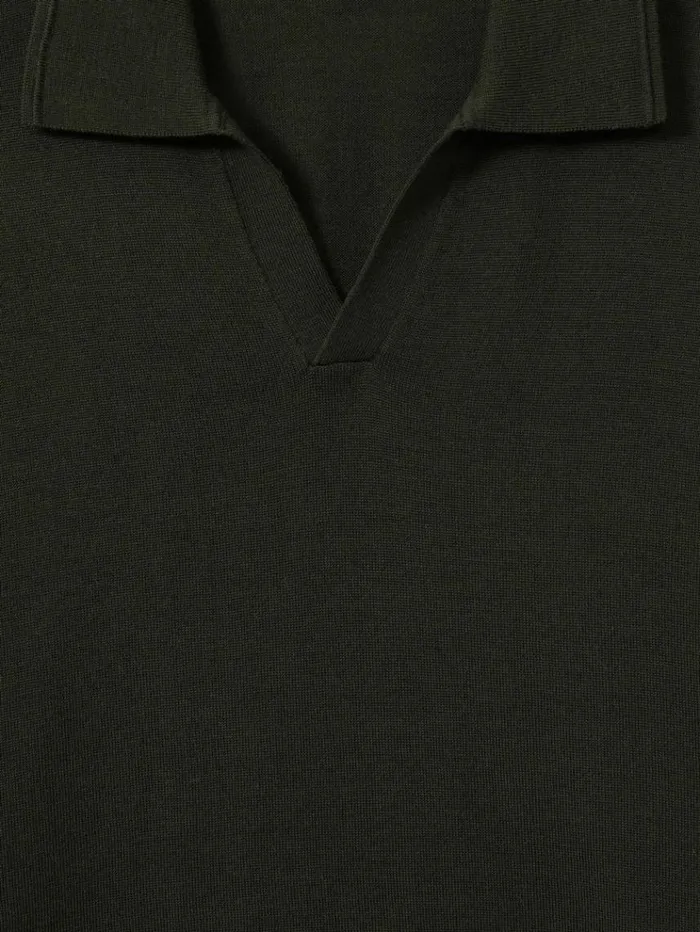 REISS Polo Shirts Men Merino Wool Open Collar Polo Shirt Dark Military Green
