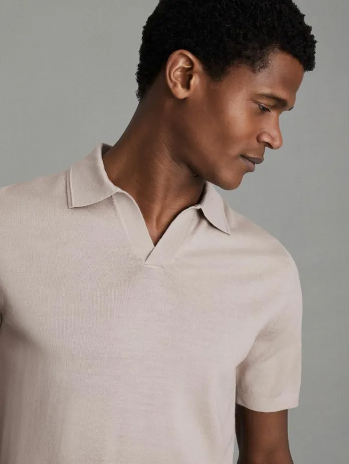 REISS Polo Shirts Men Merino Wool Open Collar Polo Shirt Washed Stone
