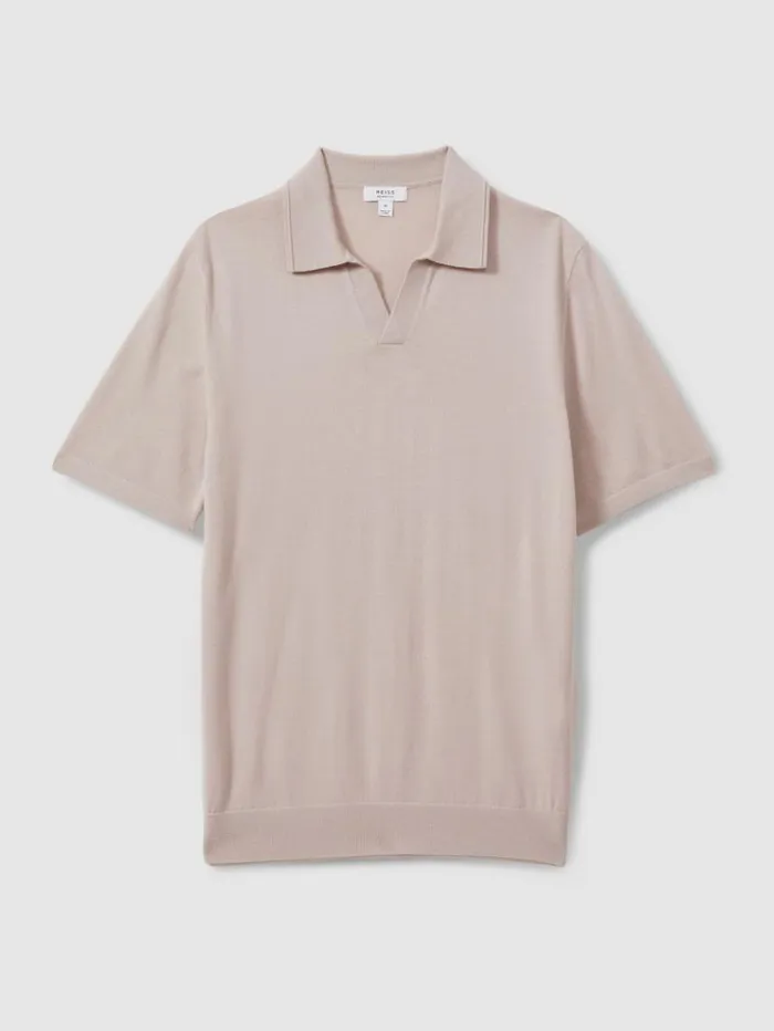 REISS Polo Shirts Men Merino Wool Open Collar Polo Shirt Washed Stone