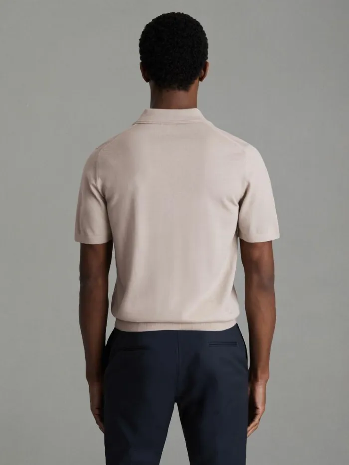 REISS Polo Shirts Men Merino Wool Open Collar Polo Shirt Washed Stone