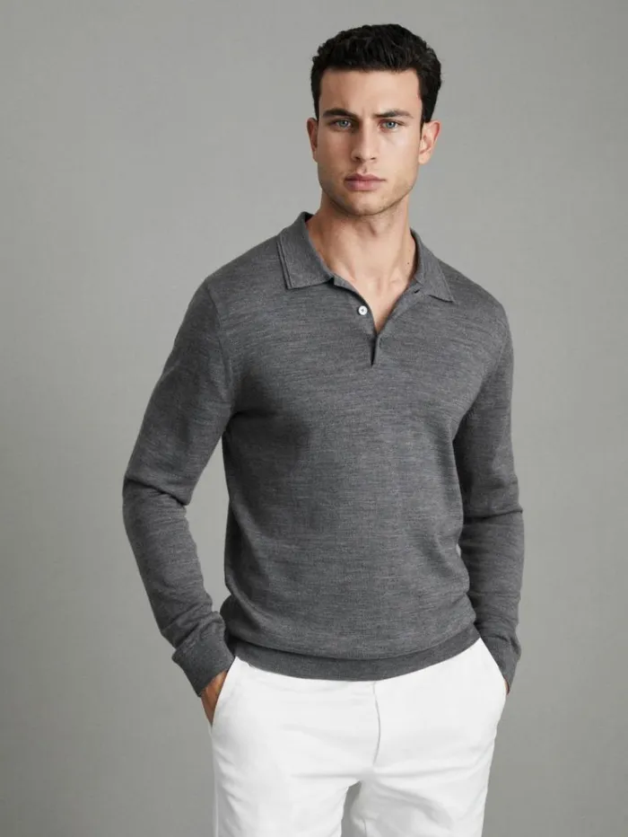 REISS Polo Shirts Men Merino Wool Polo Shirt Mid Grey Melange