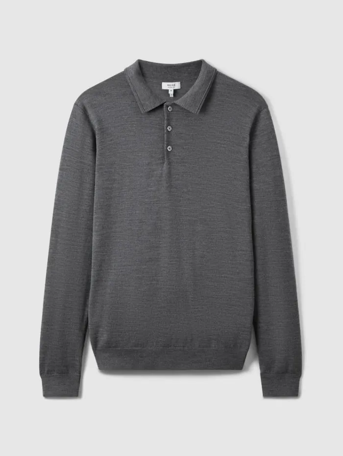 REISS Polo Shirts Men Merino Wool Polo Shirt Mid Grey Melange