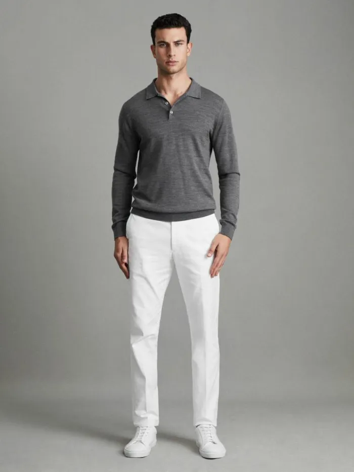 REISS Polo Shirts Men Merino Wool Polo Shirt Mid Grey Melange