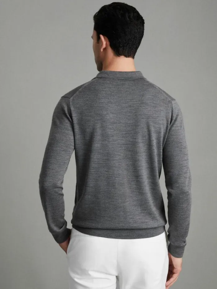 REISS Polo Shirts Men Merino Wool Polo Shirt Mid Grey Melange