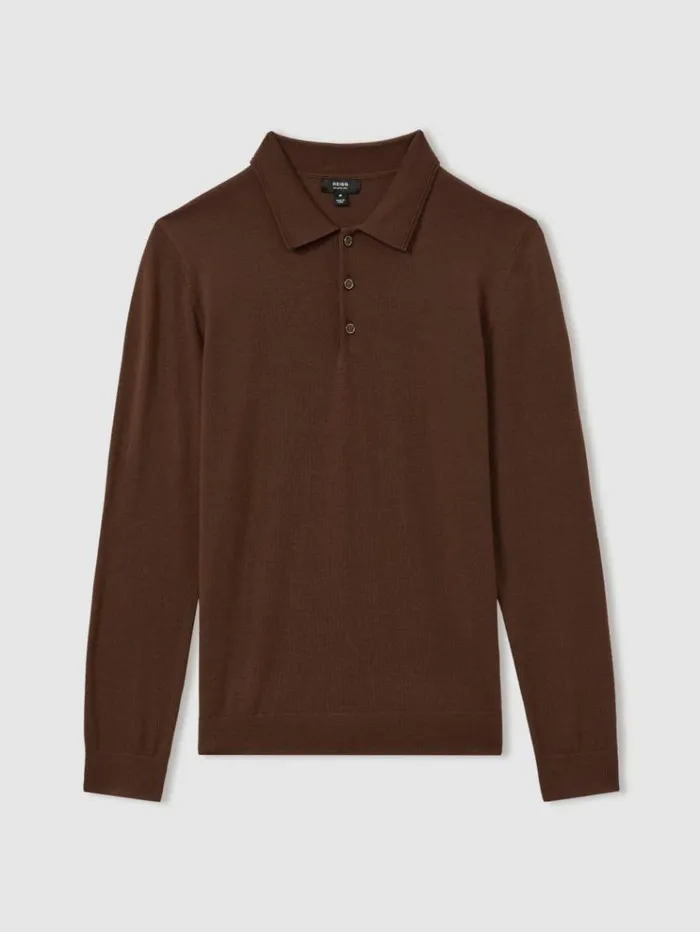 REISS Polo Shirts Men Merino Wool Polo Shirt Treacle Brown