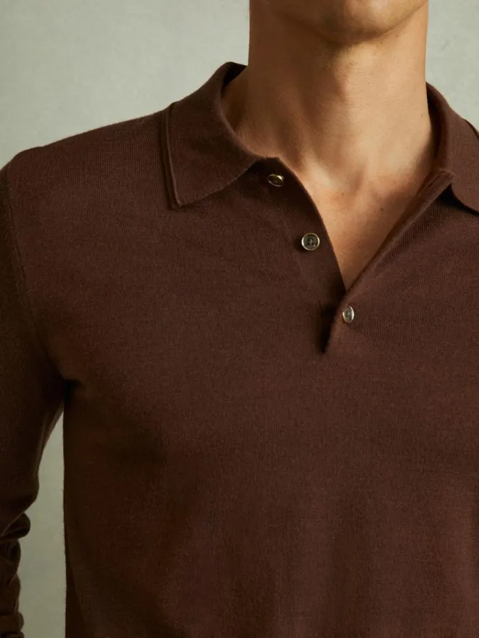 REISS Polo Shirts Men Merino Wool Polo Shirt Treacle Brown