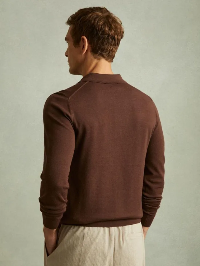REISS Polo Shirts Men Merino Wool Polo Shirt Treacle Brown