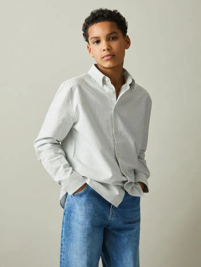 REISS Shirts Children Cotton Striped Oxford Shirt Greenoffwhite