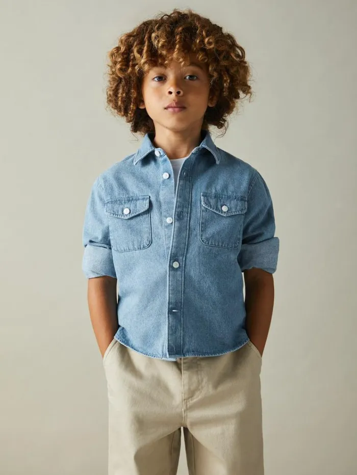 REISS Shirts Children Denim Overshirt Mid Blue