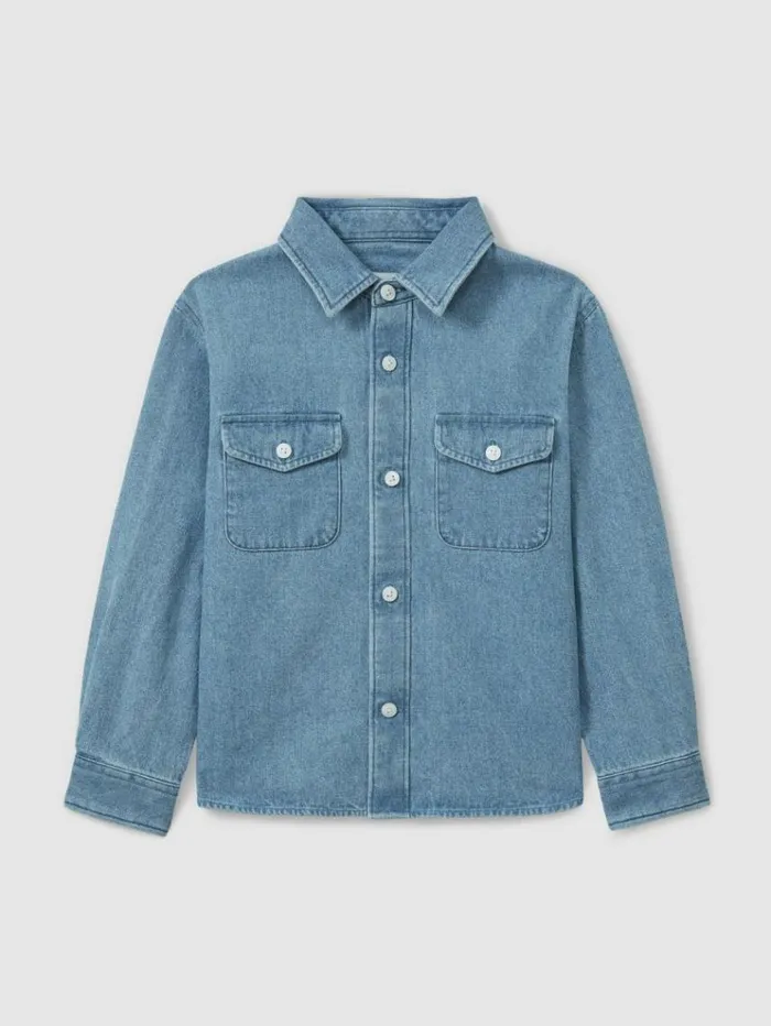 REISS Shirts Children Denim Overshirt Mid Blue