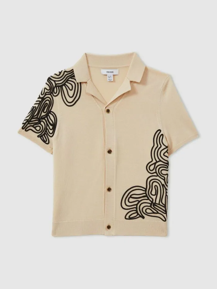 REISS Shirts Children Jersey Embroidered Cuban Collar Shirt Off Whiteblack