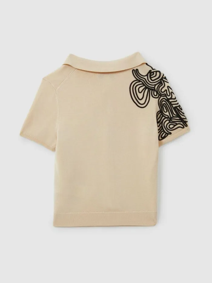 REISS Shirts Children Jersey Embroidered Cuban Collar Shirt Off Whiteblack