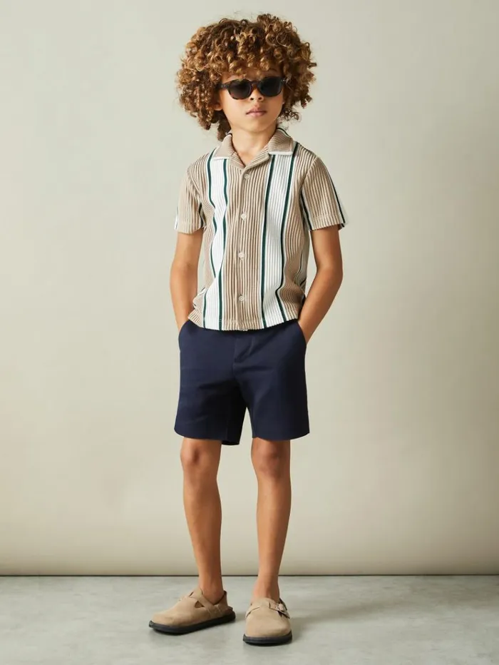 REISS Shirts Children Ribbed Cuban Collar Shirt Cameloff White Forest Green