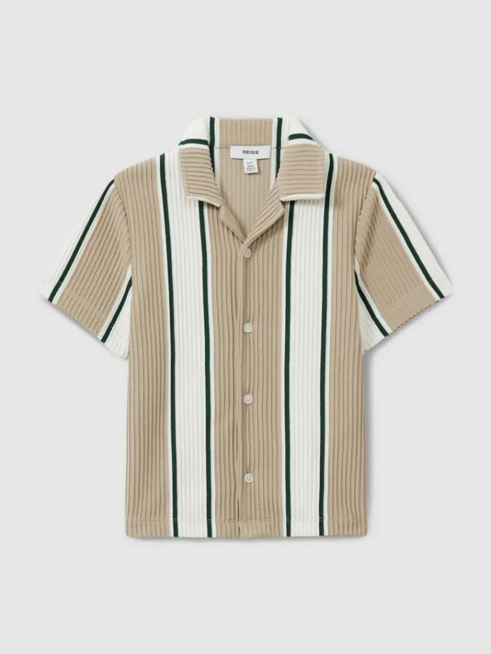 REISS Shirts Children Ribbed Cuban Collar Shirt Cameloff White Forest Green