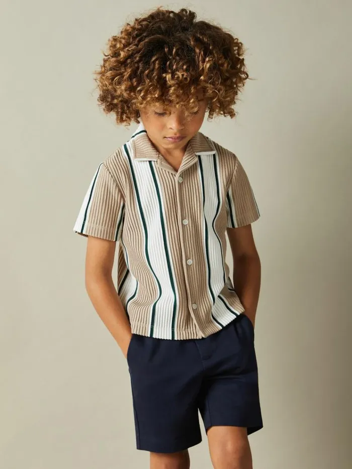 REISS Shirts Children Ribbed Cuban Collar Shirt Cameloff White Forest Green