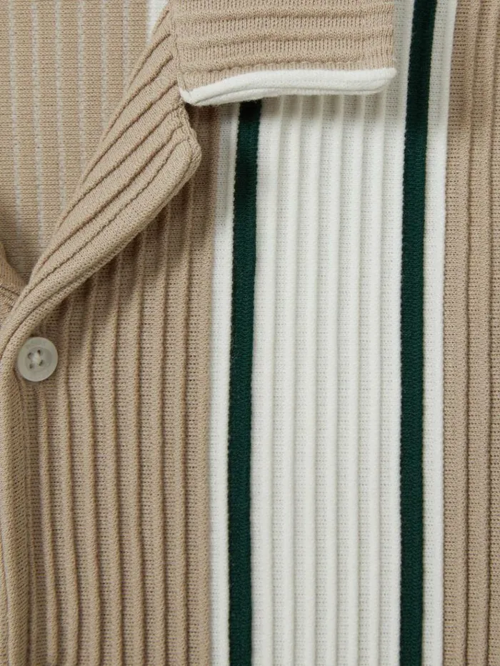 REISS Shirts Children Ribbed Cuban Collar Shirt Cameloff White Forest Green