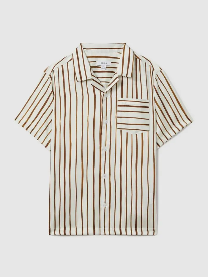 REISS Shirts Children Striped Cuban Collar Shirt Ecrutobacco