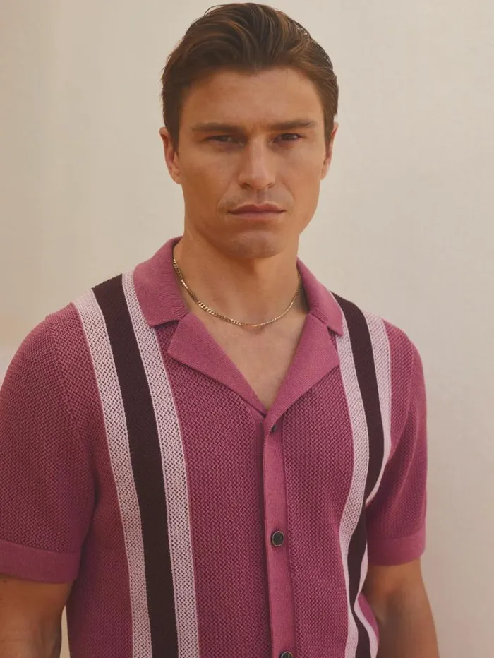 REISS Shirts Men Ch Knitted Contrast Stripe Cuban Collar Shirt Pink Multi