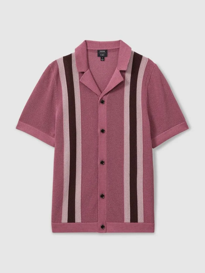 REISS Shirts Men Ch Knitted Contrast Stripe Cuban Collar Shirt Pink Multi