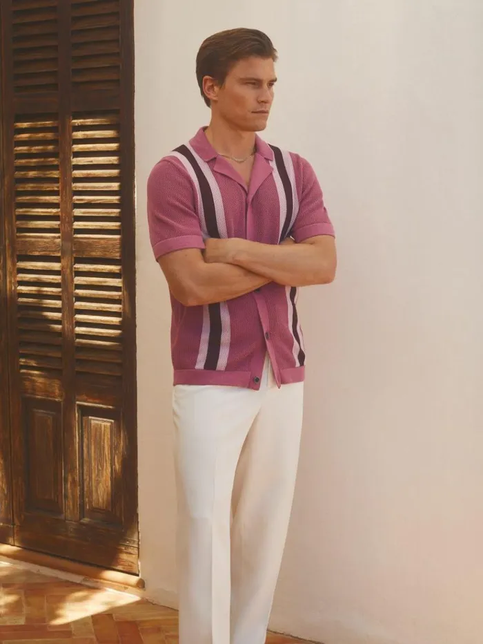 REISS Shirts Men Ch Knitted Contrast Stripe Cuban Collar Shirt Pink Multi