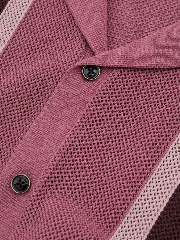 REISS Shirts Men Ch Knitted Contrast Stripe Cuban Collar Shirt Pink Multi